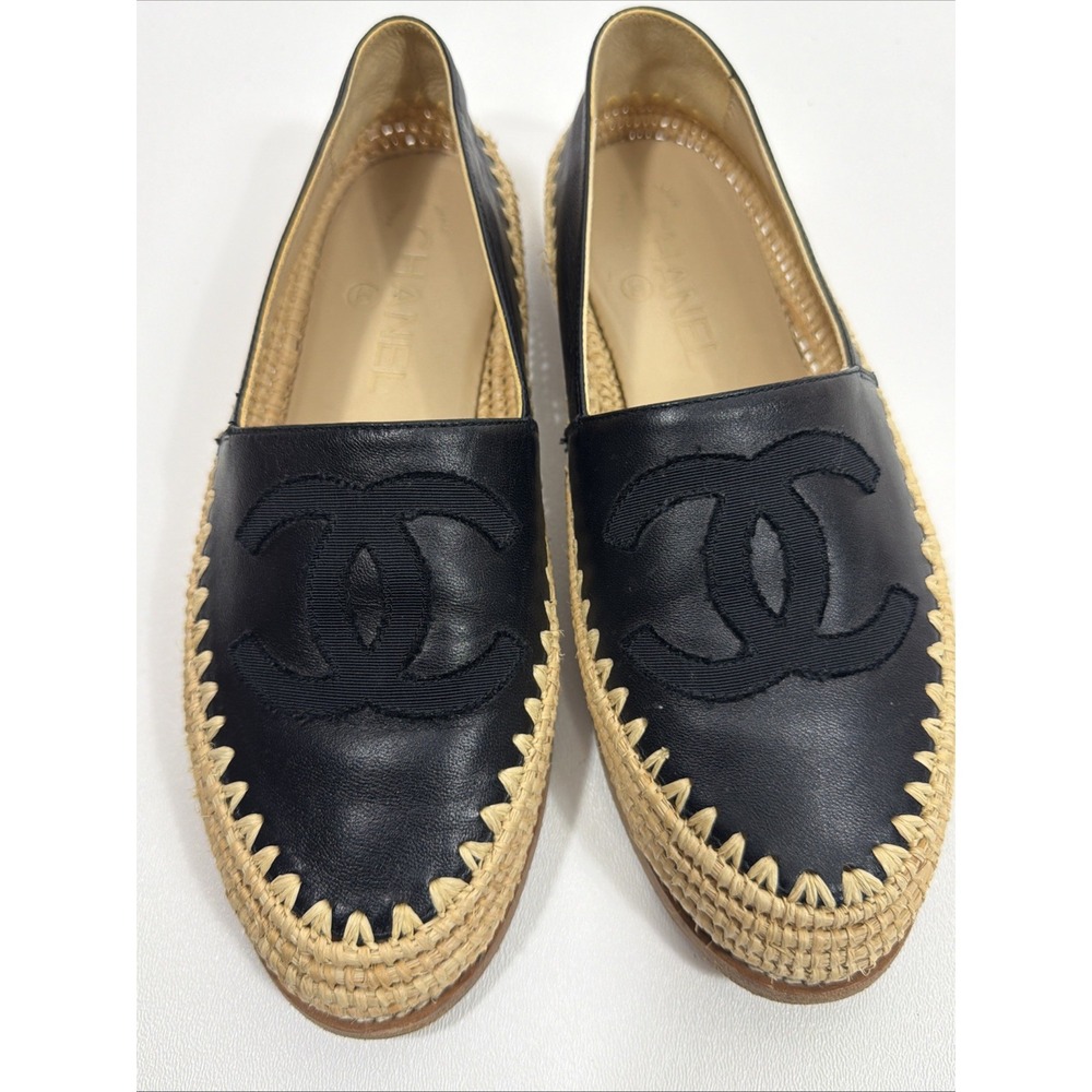 Chanel Black Leather CC Raffia‎ Espadrille Flats Size EU 36 US 6